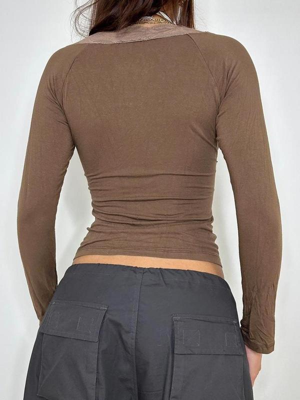 Women's Plain Contrast Lace Tie Front Tee, Casual V Neck Long Sleeve T-shirt for Fall & Winter, Women's Clothing for Daily Wear