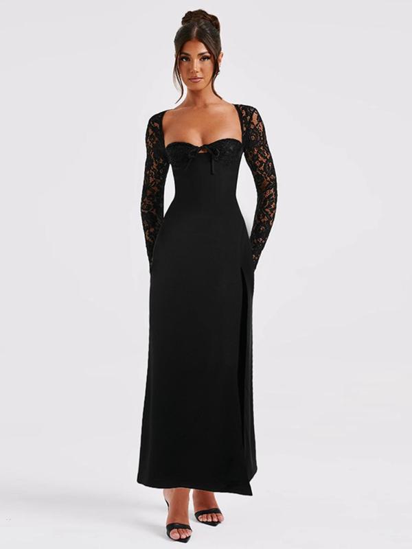 Women's Contrast Lace Backless Split Thigh Evening Dress, Elegant Sweetheart Neck Flounce Sleeve Tie Back Evening Party Gown, Ladies Spring & Fall Clothes