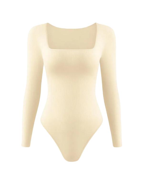 Women's Solid Square Neck Long Sleeve Shapewear Bodysuit, Casual Comfy Tummy Control Butt Lifting Shaper, Ladies Shapewear for All Seasons