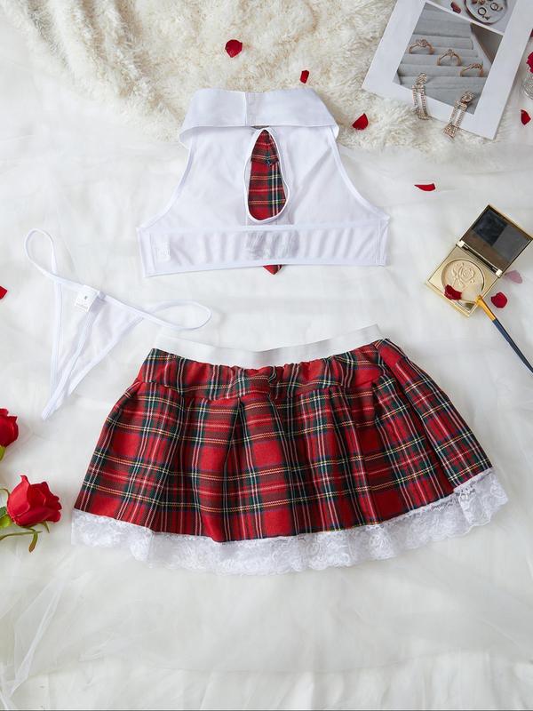 Women's Tie Collar Cut Out Crop Top & Sheer Thong & Plaid Print Lace Trim Skirt Sexy Lingerie Set, Sexy Underwear Three-piece Set, Women's Underwear