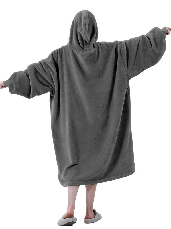 Women's Solid Drop Shoulder Pocket Flannel Hooded Blanket, Casual Long Sleeve Thermal Lounge Robe Loungewear, Women's Sleepwear for Fall & Winter