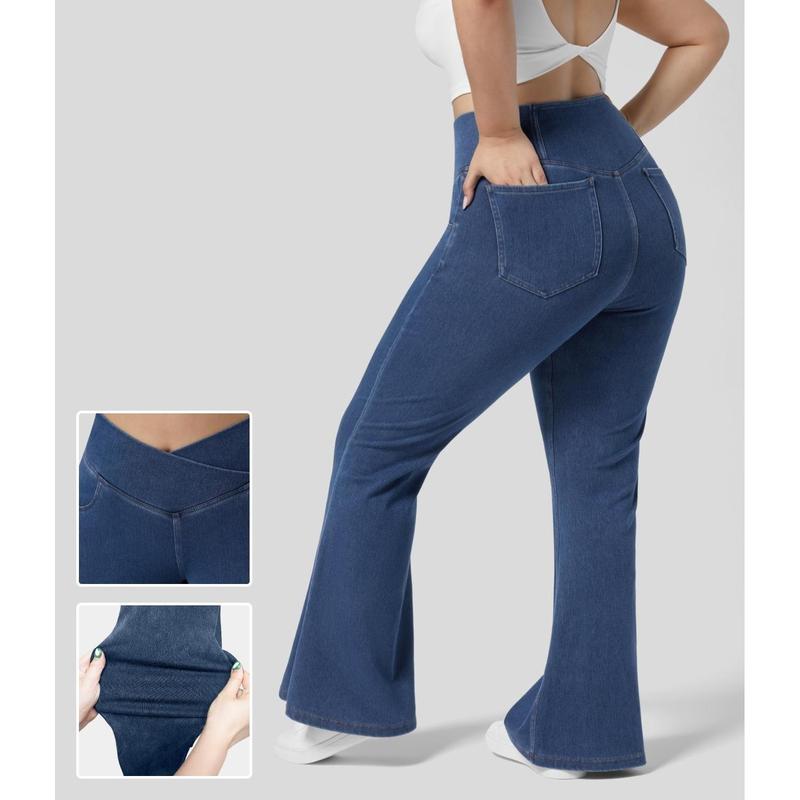 Halara Flex High Waisted Crossover Pocket Washed Stretchy Knit Casual Plus Size Super Flare Jeans