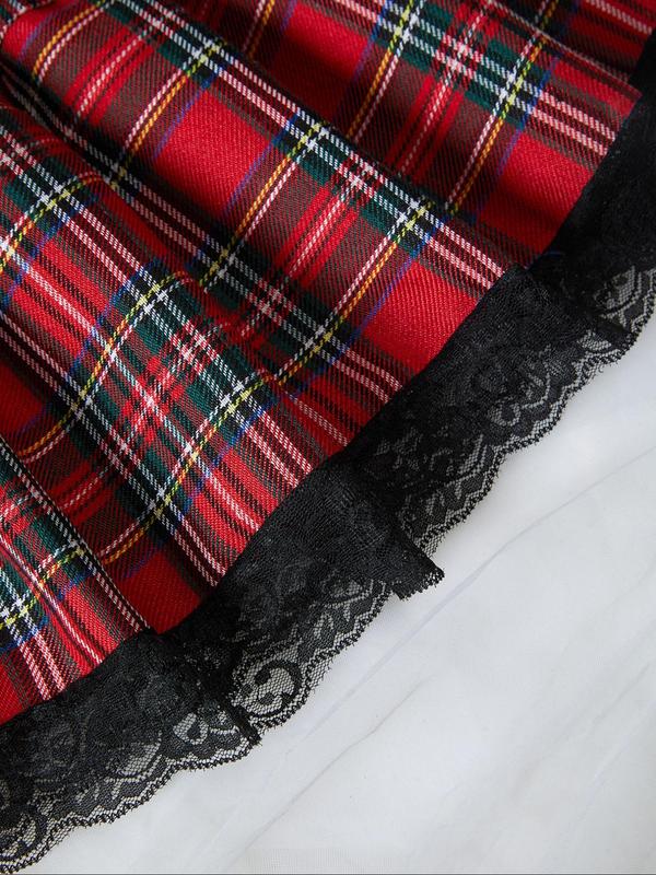 Women's Tie Collar Cut Out Crop Top & Sheer Thong & Plaid Print Lace Trim Skirt Sexy Lingerie Set, Sexy Underwear Three-piece Set, Women's Underwear