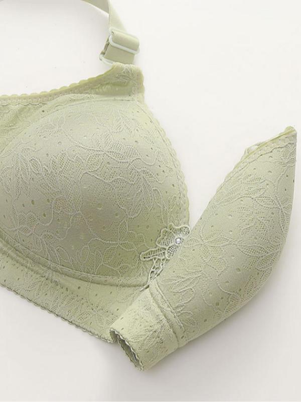 Women's Floral Decor Contrast Lace Scallop Trim Push Up Bralette, Soft Comfortable Breathable Wireless Push Up Lingerie Top, Lingerie for All Seasons