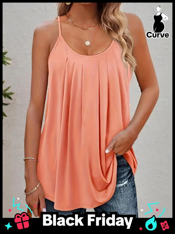  Plain Plicated Scoop Neck Cami Top, Casual Adjustable Spaghetti Strap Top for Summer, Back To School Outfits, Tank Tops for Women, Camisole, Women's Clothing for Daily Wear