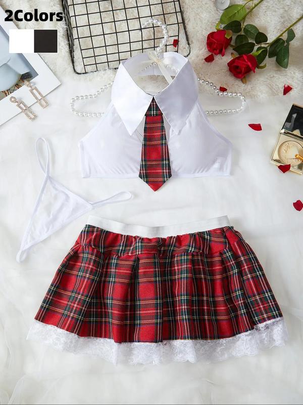 Women's Tie Collar Backless Crop Top & Plain Thong & Plaid Print Contrast Lace Trim Skirt Sexy Lingerie Set, Sexy Sheer Mesh School Girl Costume, Women's Lingerie & Underwear
