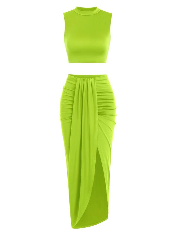 Fall Women's Solid Crop Tank Top & Ruched Asymmetrical Hem Split Skirt Two-piece Set, 2 Piece Sets Women Casual Mock Neck Sleeveless Top & High Waist Wrap Skirt, Birthday Outfits, Summer Outfits 2024