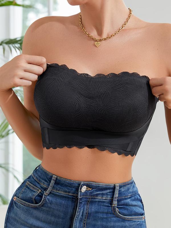 Women's Solid Color Lace Wireless Push Up Bra, Casual Scallop Trim Backless Bandeau Bra for Daily Wear, Soft Comfortable Breathable Lingerie for All Seasons