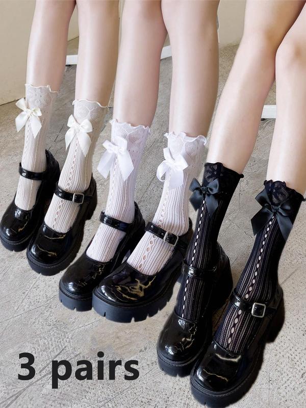 Women's 3 Pairs Bow Decor Lettuce Trim Crew Socks, Cute Comfy Hollow Out Socks for Daily Wear, Ladies Socks for Summer