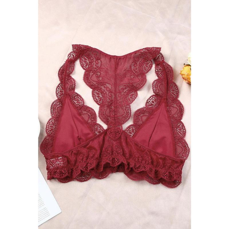 Red Halter Scalloped V Neck Lace Bralette