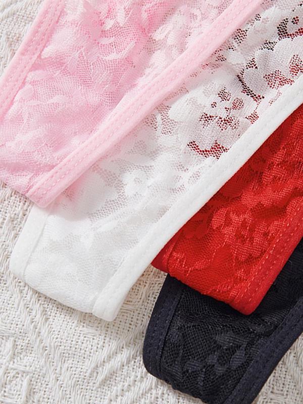 Women's Floral  Sheer Lace Thong, Soft Comfy Breathable Drop Waist Panty for Daily Wear, Ladies Underwear for All Seasons