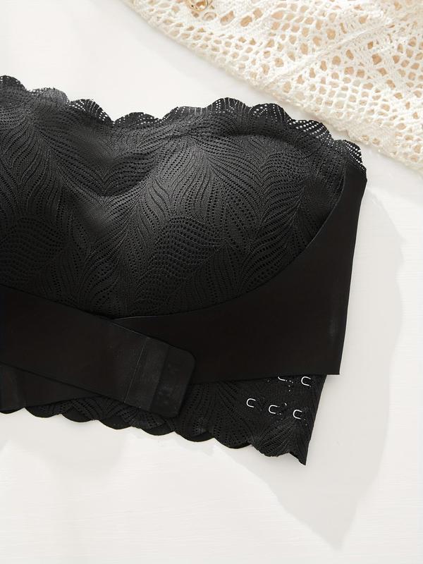 Women's Solid Color Lace Wireless Push Up Bra, Casual Scallop Trim Backless Bandeau Bra for Daily Wear, Soft Comfortable Breathable Lingerie for All Seasons