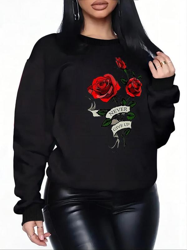 Women's Rose & Letter Print Drop Shoulder Sweatshirt,  Sweatshirts for Women,  Casual Long Sleeve Round Neck Pullover for Daily Wear, Ladies Clothes for All Seasons