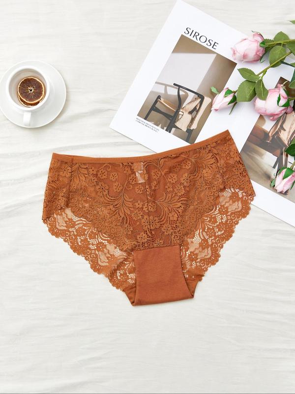 Plus Size 3pcs Breathable Contrast Lace Knicker, Women's Plus Solid Panty For Daily Wear, Fashion Ladies' Underwear For All Seasons