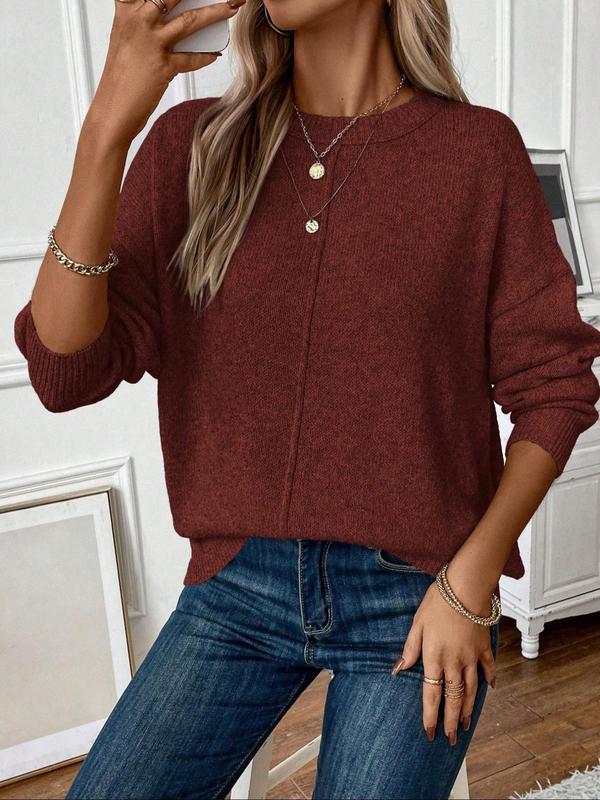 Women's Solid Drop Shoulder Sweater, Casual Long Sleeve Round Neck Jumper for Fall & Winter, Fashion Ladies' Knitwear for Daily Wear Downtown Girl Clothes