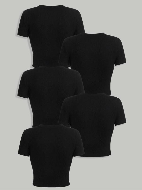 Women's 5 Counts Solid Round Neck Tee, Casual Short Sleeve Crew Neck T-shirt for Daily Wear, Ladies Clothes for All Seasons