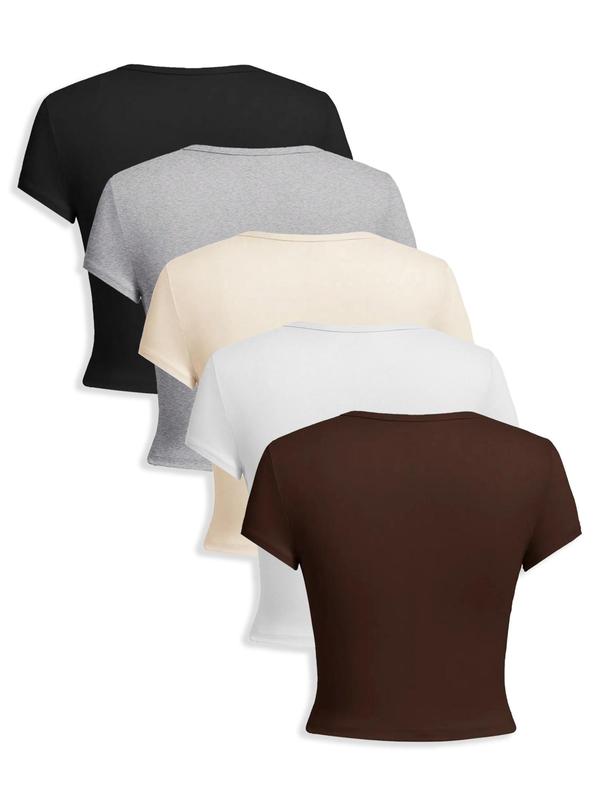 Women's 5 Counts Solid Round Neck Tee, Casual Short Sleeve Crew Neck T-shirt for Daily Wear, Ladies Clothes for All Seasons
