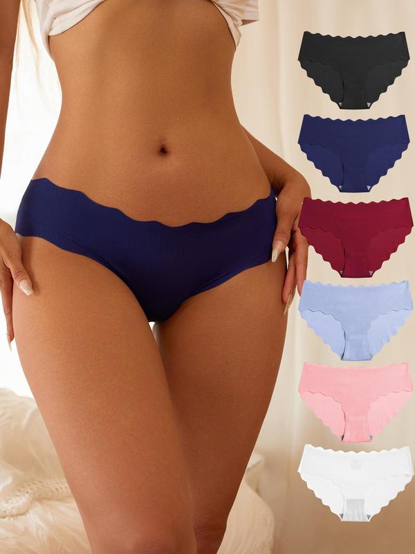 Women's 6pcs Minimalist Solid Scallop Trim Seamless Panties, Lady Basic Soft Comfort Seamless Knickers for Daily Wear All Seasons, Womenswear Underwear, Lingerie for Women