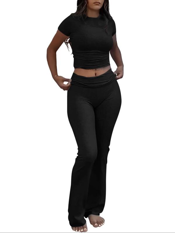Women's Solid Short Sleeve Crop Tee & Flare Leg Pants Loungewear Two-piece Set, Casual Comfy T-shirt & Trousers PJ Set, Ladies Sleepwear for All Seasons