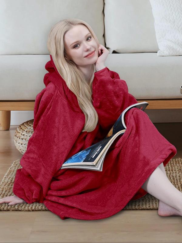 Women's Solid Drop Shoulder Pocket Flannel Hooded Blanket, Casual Long Sleeve Thermal Lounge Robe Loungewear, Women's Sleepwear for Fall & Winter