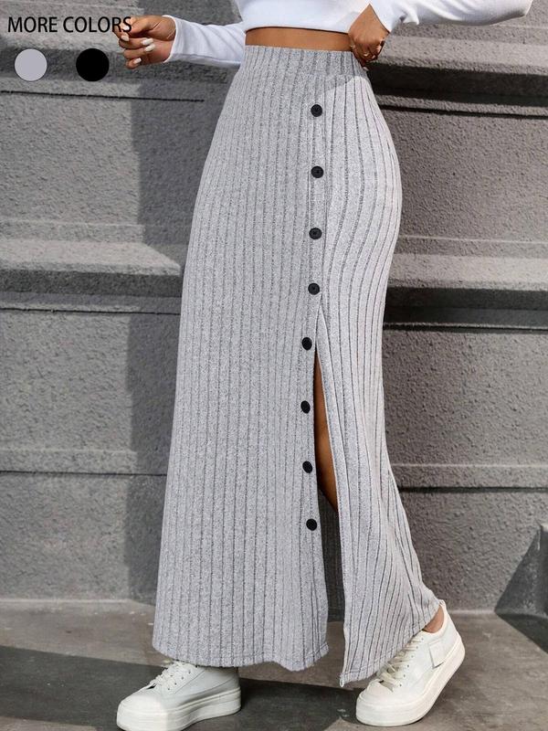 Women's Plain Button Decor Split Thigh Ribbed Skirt, Casual Fashion Long Skirt for Spring & Fall, Women's Bottoms for Daily Wear