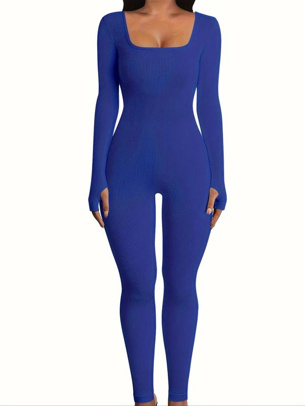 Women's Solid Cut Out Square Neck Ribbed Shapewear Jumpsuit, Casual Long Sleeve Bodycon Jumpsuit for Yoga Gym Workout, Lady's Shapewear Bodysuit for All Seasons, Fall Wear 2024