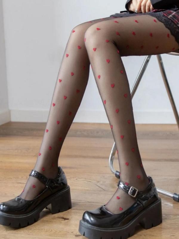 Women's 1 Pair Heart Print Sheer Sexy Tights, Casual Comfy Breathable Anti-snagging Pantyhose for Daily Wear, Ladies Spring & Fall Stockings