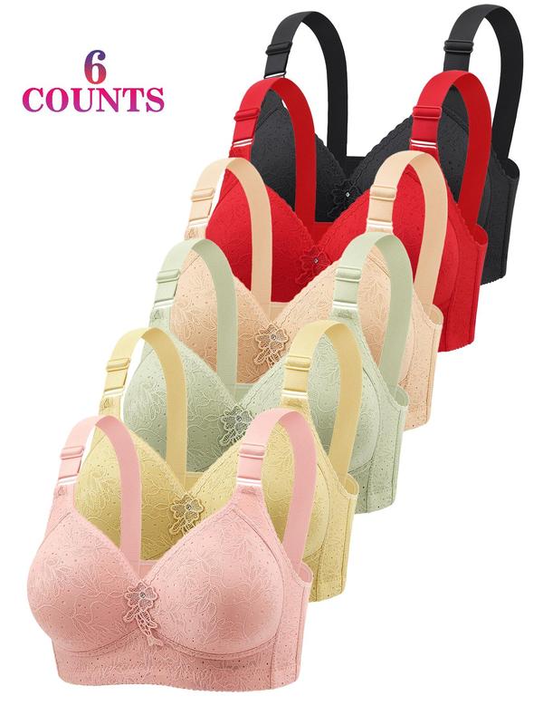 Women's Floral Decor Contrast Lace Scallop Trim Push Up Bralette, Soft Comfortable Breathable Wireless Push Up Lingerie Top, Lingerie for All Seasons