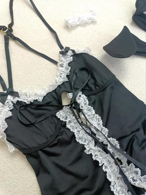 Women's Plain Sexy Bunny Costume Set, Cute Criss Cross Lace Trim Open Crotch Lingerie Bodysuit & Choker & 1 Pair Wrist Cuffs & Headband Set, Women's Lingerie & Underwear for All Seasons