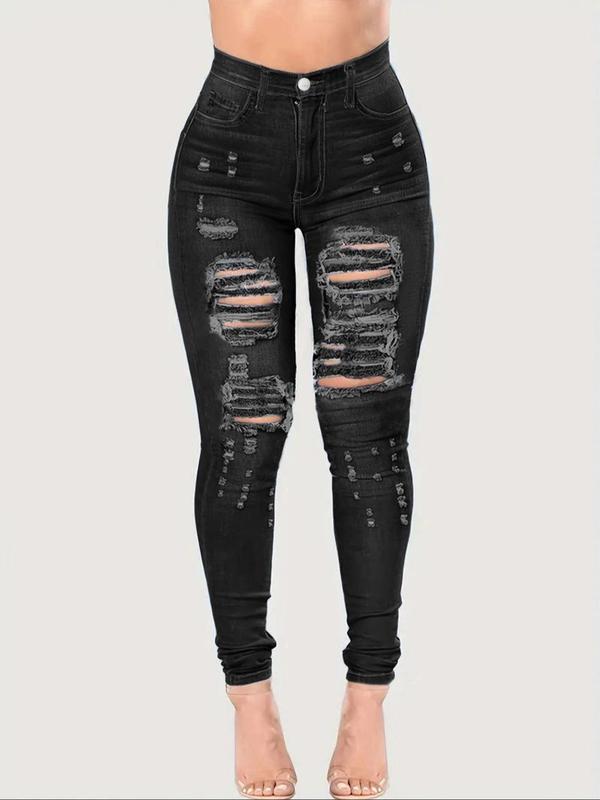  Plus Size Pocket Button Ripped Jeans, Washed Denim Faded Jeans for Women, Casual Streetwear, High Rise Tight Pants for Daily Wear, Women's Bottoms for All Seasons, Fall Clothing Women