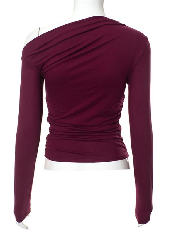 Women's Plain Ruched One Shoulder Tee, Casual Long Sleeve T-shirt for Fall, Women's Clothing for Daily Wear