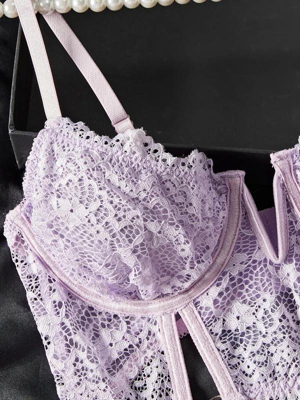 Women's Floral Lace Sheer Bra & Thong Sexy Lingerie Set, Romantic & Elegance Heart Ring Linked Lingerie Set, Women's Lingerie & Underwear