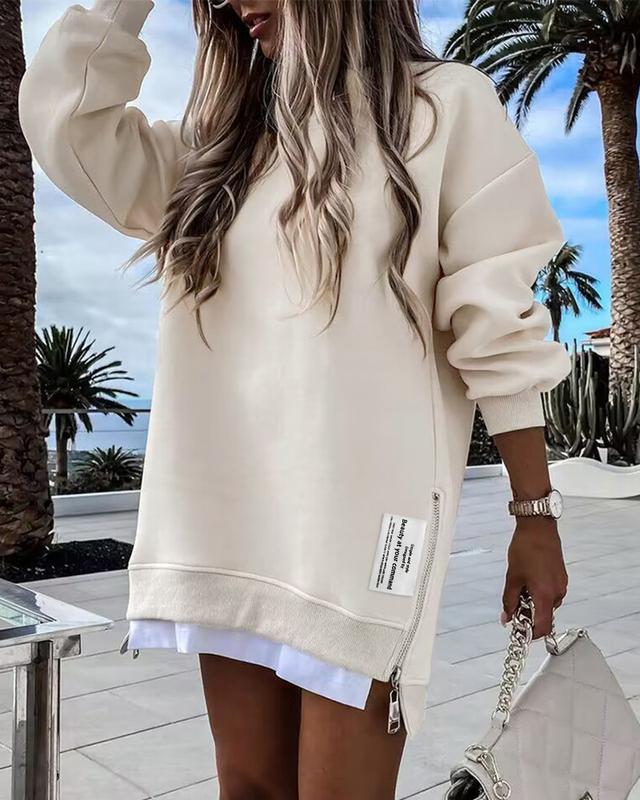 ChicMe Womens Long Sleeve Pullover Sweatshirt Zipper Slit Casual Dress