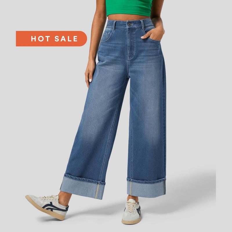 Halara Flex High Waisted Multiple Pockets Rolled Hem Wide Leg Washed Stretchy Knit Casual Jeans