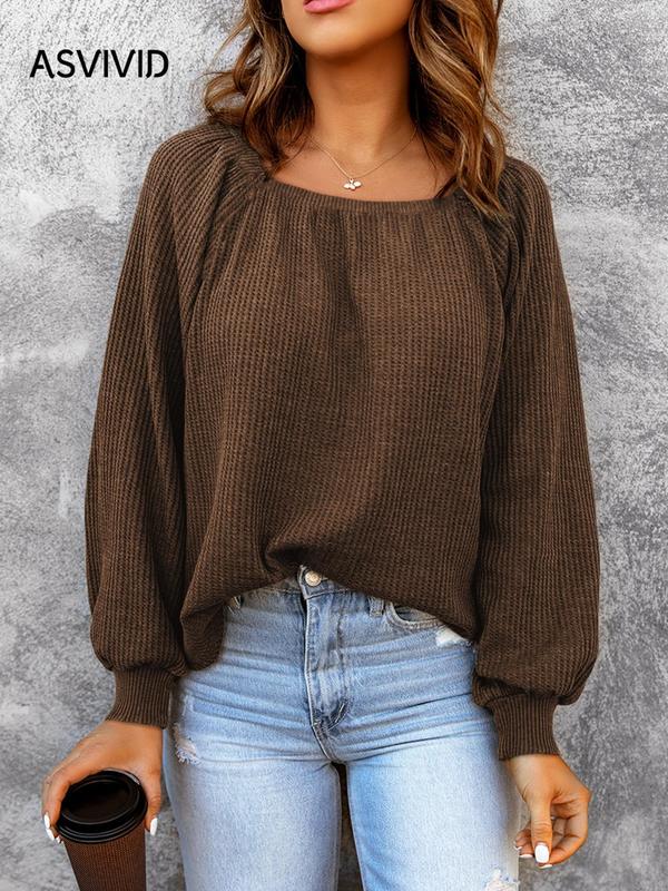 Women's Plain Square Neck Bishop Sleeve Knit Top, Casual Long Sleeve Waffle Knitwear Top for Spring & Fall, Fashion Women's Knit Clothing for Daily Wear