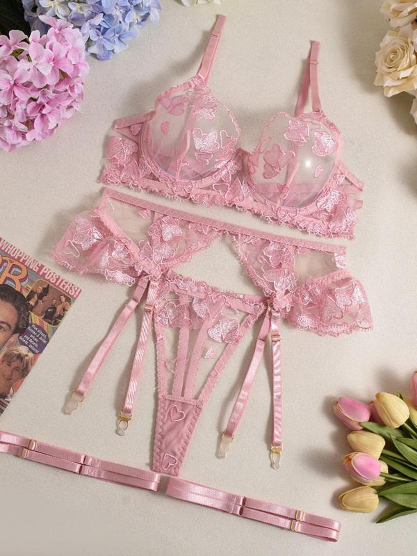 Women's Heart Embroidery Lace Bra & Garter Belt & Thong Set, Sexy Comfy Breathable Lingerie Set for Daily Wear, Women's Lingerie & Underwear for All Seasons