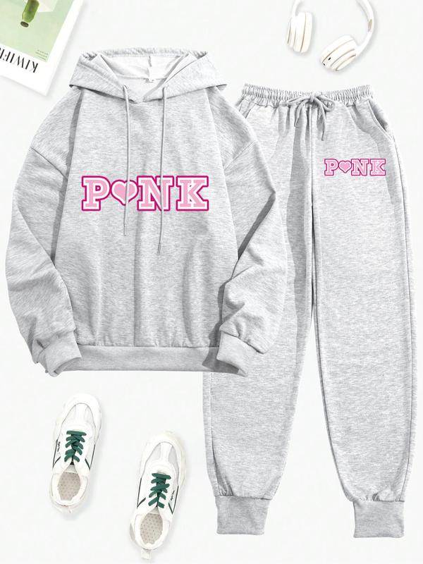 Women's Letter Print Drop Shoulder Hoodie & Drawstring Waist Pants Set, Back To School Outfits, Casual Comfort Pullover & Jogger Pants for Daily Wear, 2 Piece Sets Women, Outfit Sets for Women, Women's Clothes, Please Purchase A Size Up
