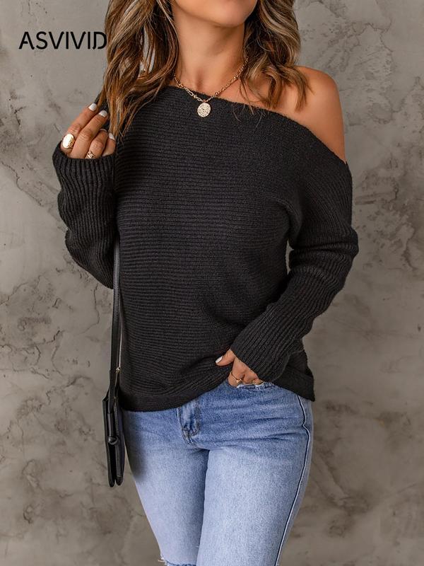 Women's Plain Asymmetrical Neck Sweater, Casual Long Sleeve Jumper for Fall & Winter, Fashion Ladies' Knitwear for Daily Wear, Fall Clothing Women Cardigan Sweater