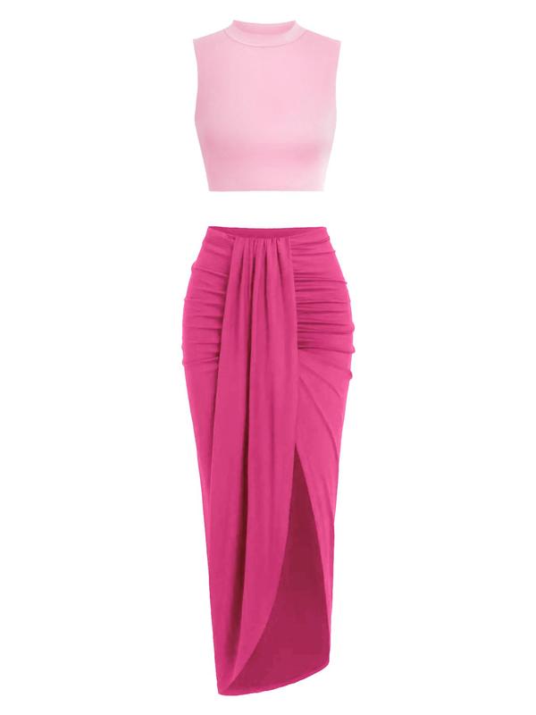 Fall Women's Solid Crop Tank Top & Ruched Asymmetrical Hem Split Skirt Two-piece Set, 2 Piece Sets Women Casual Mock Neck Sleeveless Top & High Waist Wrap Skirt, Birthday Outfits, Summer Outfits 2024