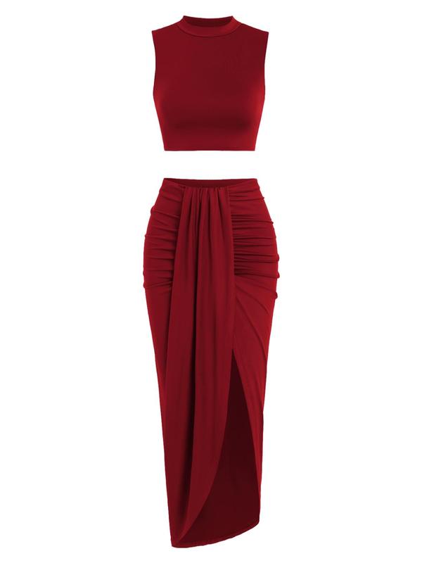 Fall Women's Solid Crop Tank Top & Ruched Asymmetrical Hem Split Skirt Two-piece Set, 2 Piece Sets Women Casual Mock Neck Sleeveless Top & High Waist Wrap Skirt, Birthday Outfits, Summer Outfits 2024