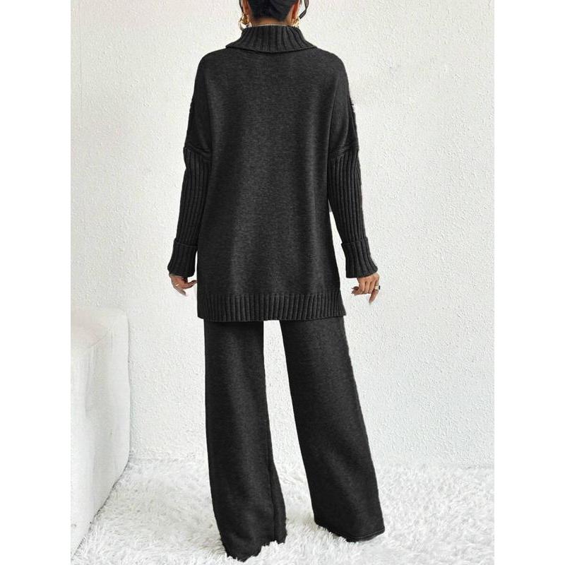 Two-Piece Set Women's Textured Split High Low Hem Sweater & Wide Leg Knitting Pants, Casual Fashion Cozy Turtle Neck Jumper & Trousers for Daily Outdoor Wear, Women's Knitwear for Fall & Winter