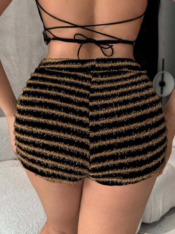 Women's Fuzzy Striped Print High Waist Shorts, Casual Comfy Skinny Shorts for Daily Wear, Ladies Bottoms for Summer