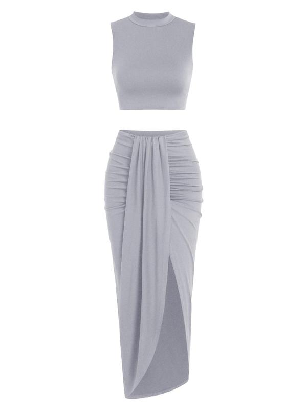 Fall Women's Solid Crop Tank Top & Ruched Asymmetrical Hem Split Skirt Two-piece Set, 2 Piece Sets Women Casual Mock Neck Sleeveless Top & High Waist Wrap Skirt, Birthday Outfits, Summer Outfits 2024