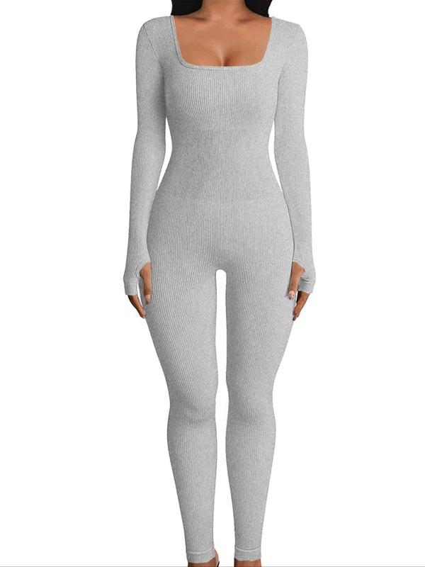 Women's Solid Cut Out Square Neck Ribbed Shapewear Jumpsuit, Casual Long Sleeve Bodycon Jumpsuit for Yoga Gym Workout, Lady's Shapewear Bodysuit for All Seasons, Fall Wear 2024