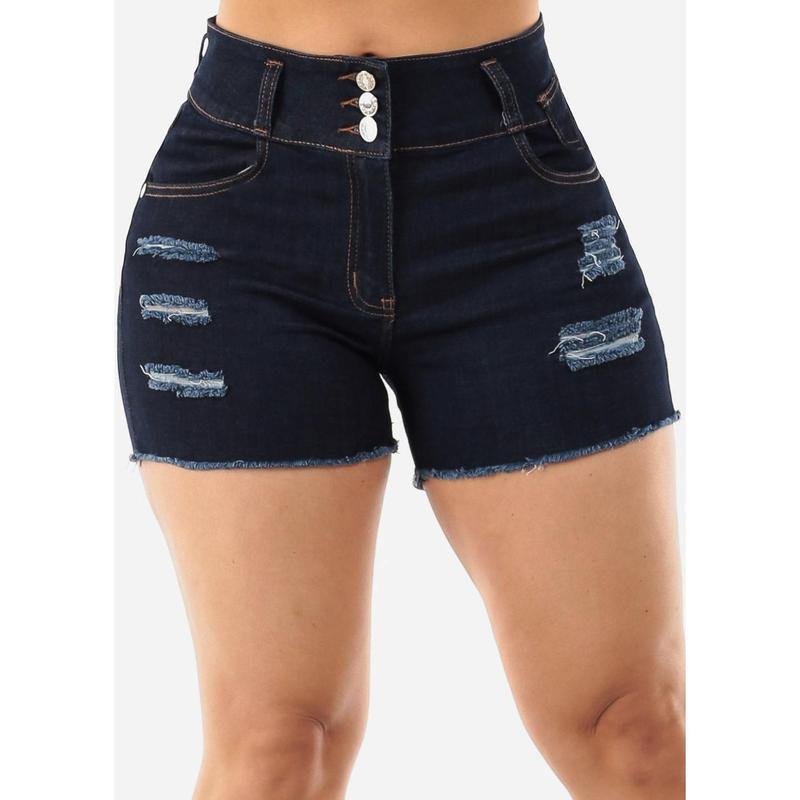 Super High Waist Levantacola Ripped Dark Denim Shorts