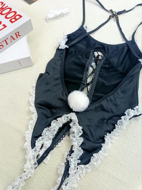 Women's Plain Sexy Bunny Costume Set, Cute Criss Cross Lace Trim Open Crotch Lingerie Bodysuit & Choker & 1 Pair Wrist Cuffs & Headband Set, Women's Lingerie & Underwear for All Seasons