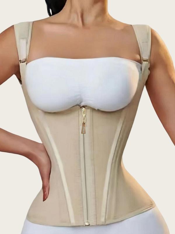 Women's Solid Color Sexy Zipper Front Corset Shapewear Top, Adjustable Hook & Eye Closure Waist Trainer, Tummy Control Shaper for Daily Wear Matt Waist Trainers