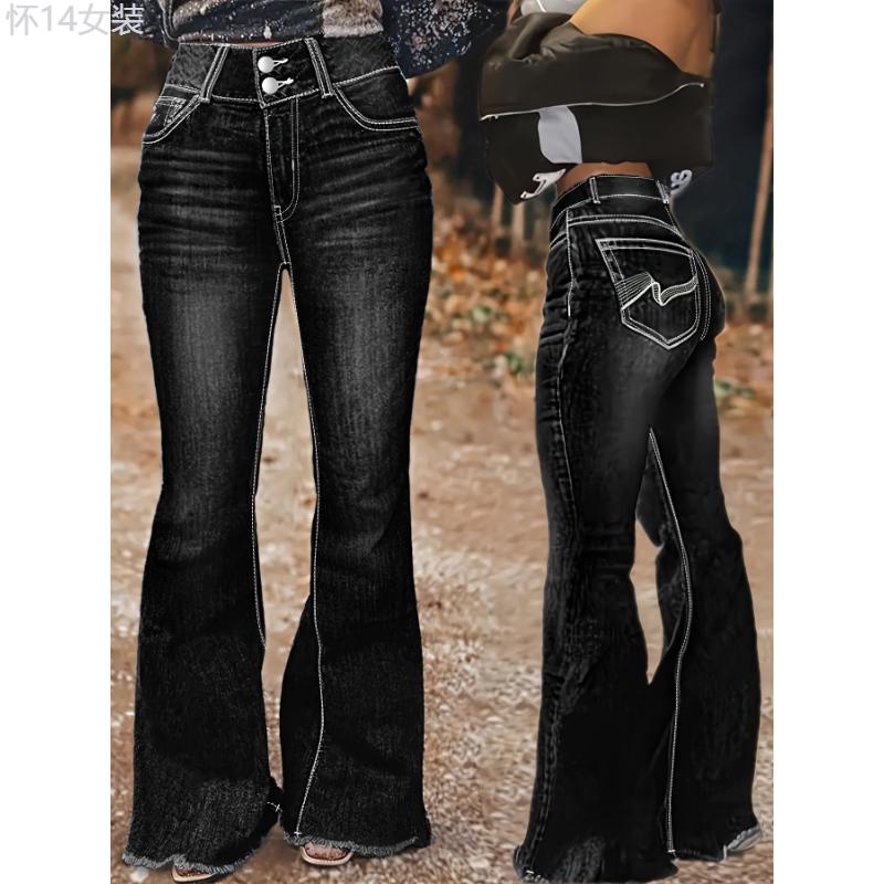 Women's Plus Size High-Waist Flare Jeans with Embroidered Pockets - Stretchy, Vintage-Inspired Comfort Fit Denim in Black, Non-See-Through, Machine Washable - Fashionable Retro Style for All Seasons Womenswear Bottom Pants Trouser Pants Trouser  Cotton