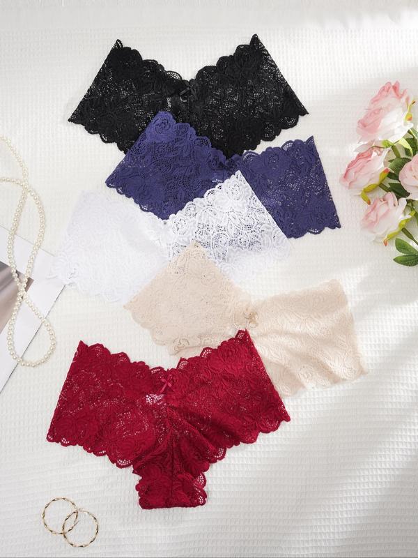 Women's Bow Decor Scallop Trim Lace Knicker, Soft Comfy Breathable Panty for Daily Wear, Underwear for All Seasons, Fall Wear, Fallfreshness