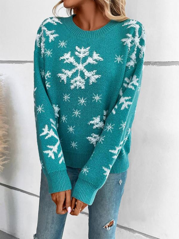 Women's Christmas Snowflake Pattern Drop Shoulder Sweater, Casual Long Sleeve Round Neck Jumper for Fall & Winter, Fashion Ladies' Knitwear for Daily Wear